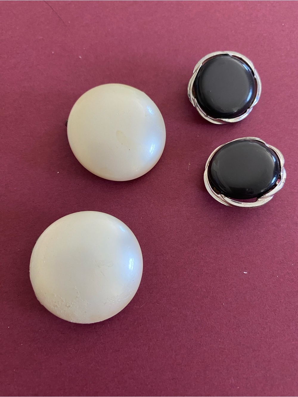 Set of 2 Vintage Clip-on Button Earrings  - Cream & Black